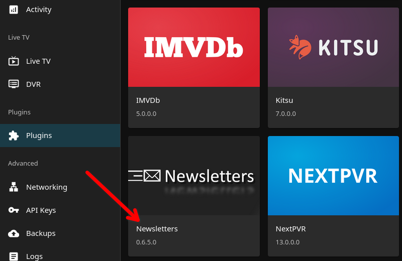 The Newsletters plugin visible in the Jellyfin plugin manager.