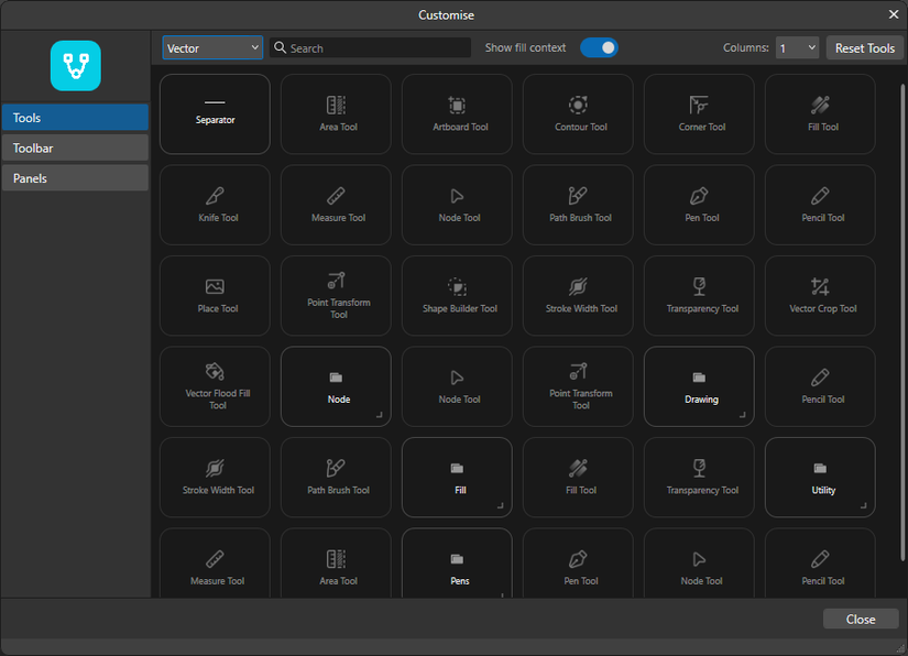 O número de ferramentas de gráficos vetoriais.