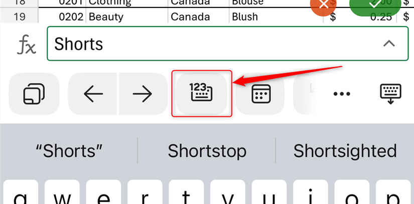 O ícone do teclado numérico no aplicativo iOS Excel.