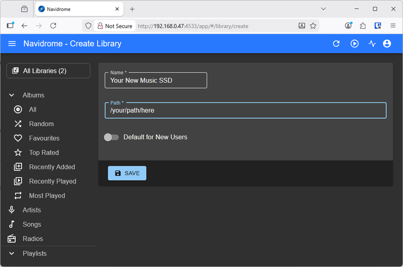 Path to the SSD, displayed in the Navidrome web interface.