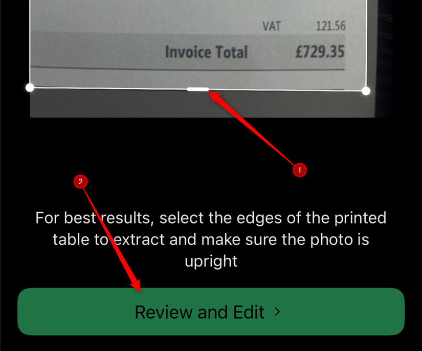 A área da fotografia de um conjunto de dados impresso é cortada no recurso Dados da imagem no aplicativo iOS Excel e Revisar e editar é selecionado.