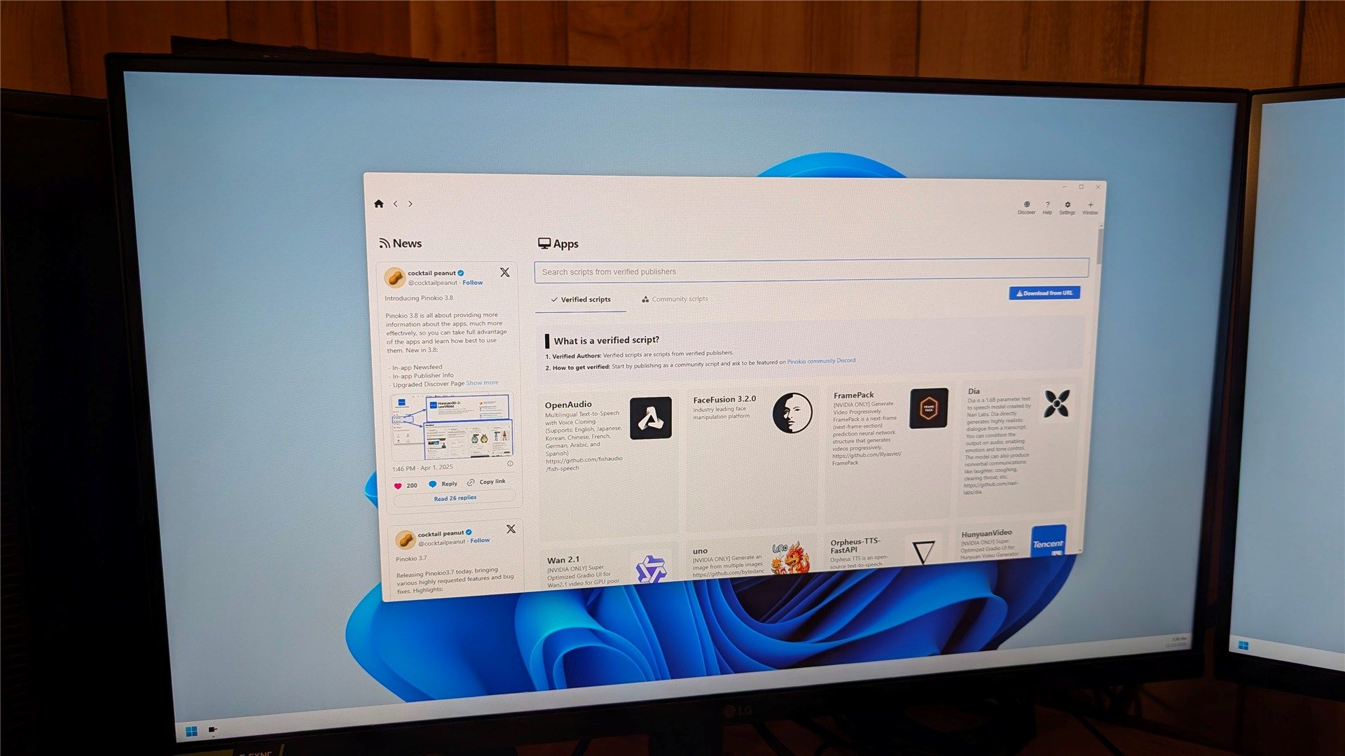 The Pinokio app open on Windows 11.