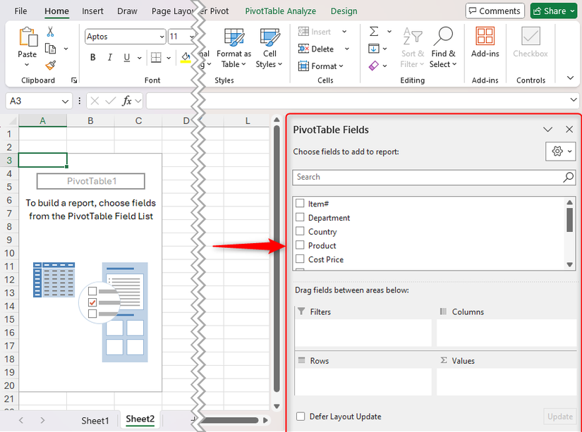 O painel Campos da tabela dinâmica no Microsoft Excel, com vários campos desmarcados na seção Campos.