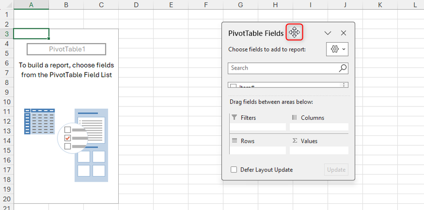 O painel Campos da tabela dinâmica se transformou em uma janela flutuante e foi movido para uma posição diferente no Excel.