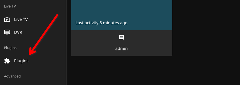 The Plugins button in the Jellyfin dashboard navigation menu.