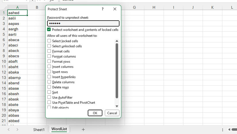 The Protect Sheet dialog in Excel, with Protect Worksheet And Contents Of Locked Cells checked.