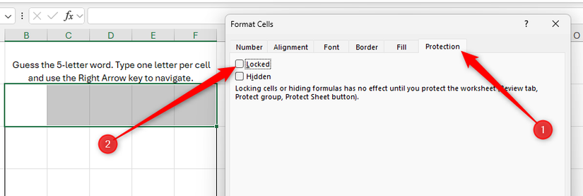 The Protection tab in Excel's Format Cells dialog box is opened, and Locked is unchecked.