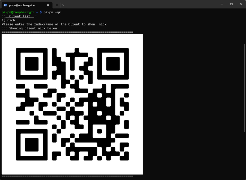 The QR code generated by Wireguard