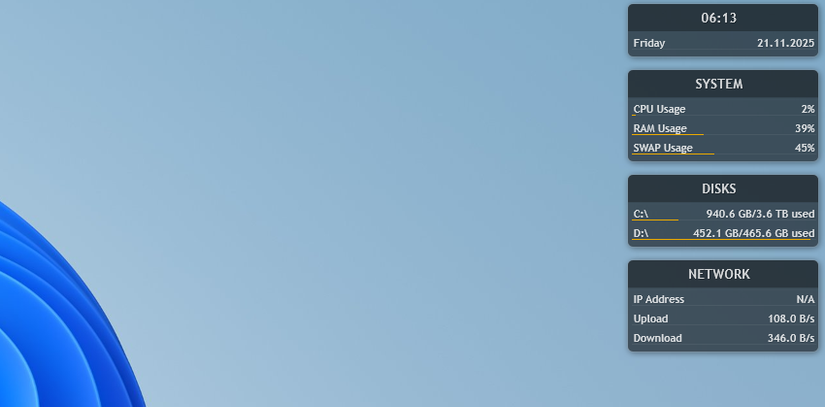 The Rainmeter widgets in the upper-right corner of a Windows desktop.
