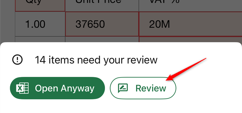 O botão Revisar na ferramenta Dados da imagem no aplicativo Excel para iOS.