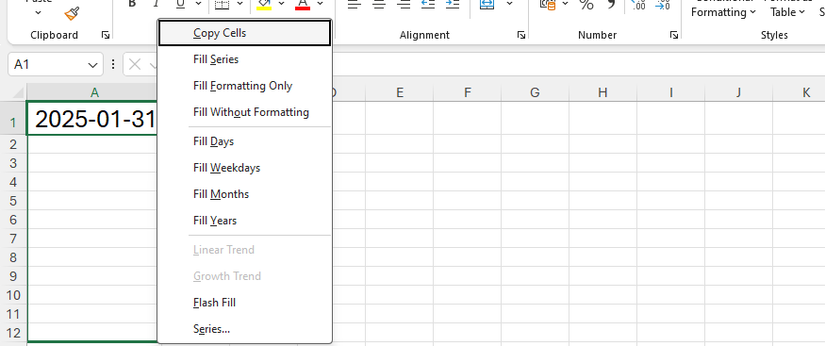 The right-click AutoFill options in Microsoft Excel.