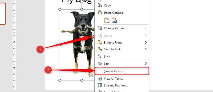 O menu do botão direito em uma imagem no PowerPoint é expandido e Salvar como imagem é selecionado.