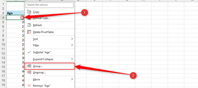 The right-click menu on an item in the first column of a Microsoft Excel PivotTable is expanded, and Group is selected from the menu.
