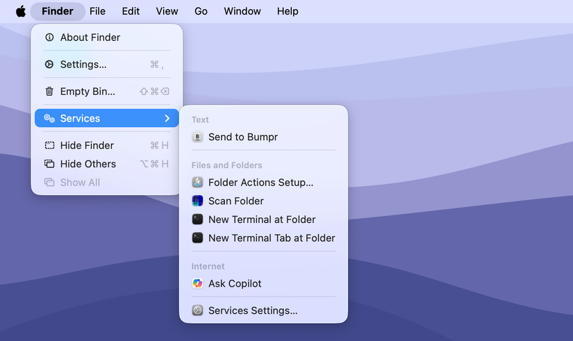 The Services menu in Finder.