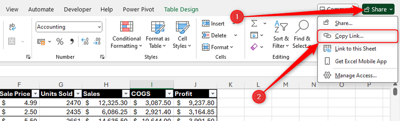 The Share button in an Excel file is clicked, and Copy Link is selected.