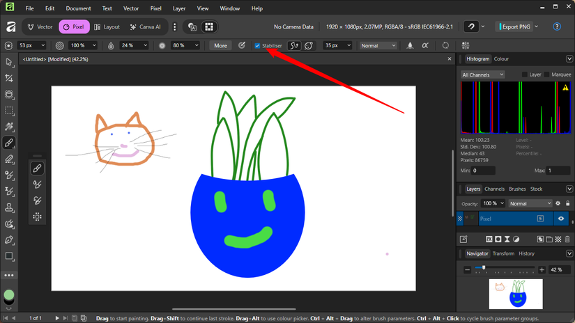 A opção de estabilizador no Affinity é fantástica para desenhar.