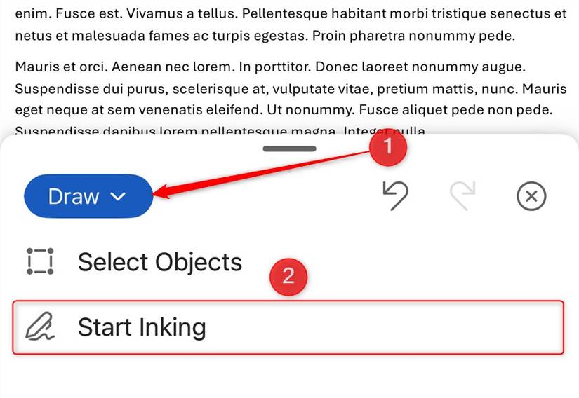 The Start Inking button in the iOS Microsoft Word app.