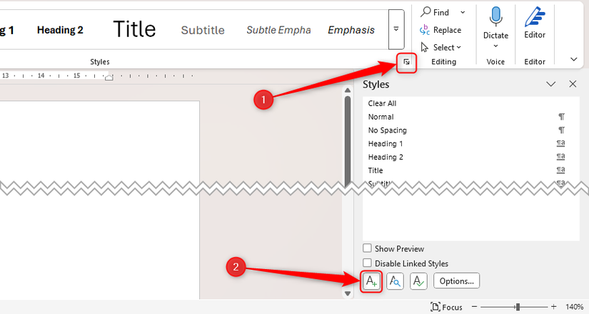 The Style pane launcher button in Microsoft Word is selected, and the New Style icon is highlighted.