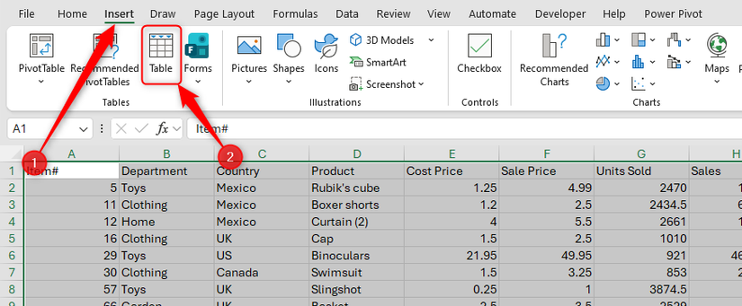 O botão Tabela na guia Inserir na faixa do Excel.