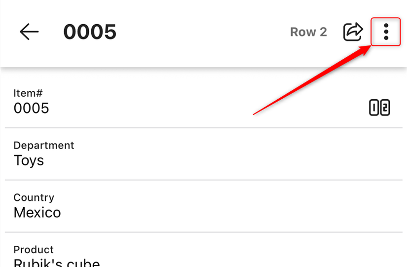 O menu de três pontos na visualização de cartões no aplicativo Excel para iOS.