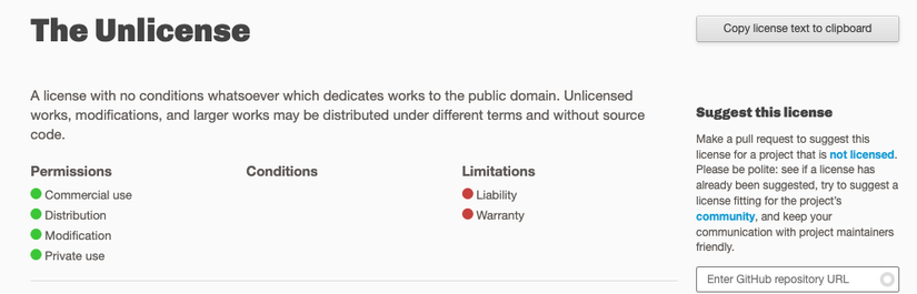 Information about The Unlicense, a permissive open-source license with no conditions.