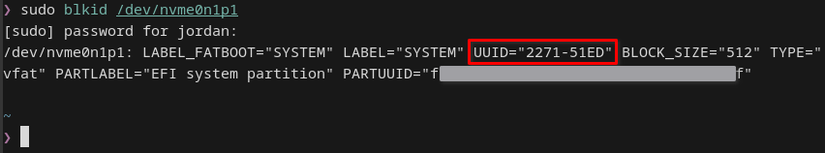 O UUID de uma partição EFI do Windows conforme revelado pelo comando blkid.