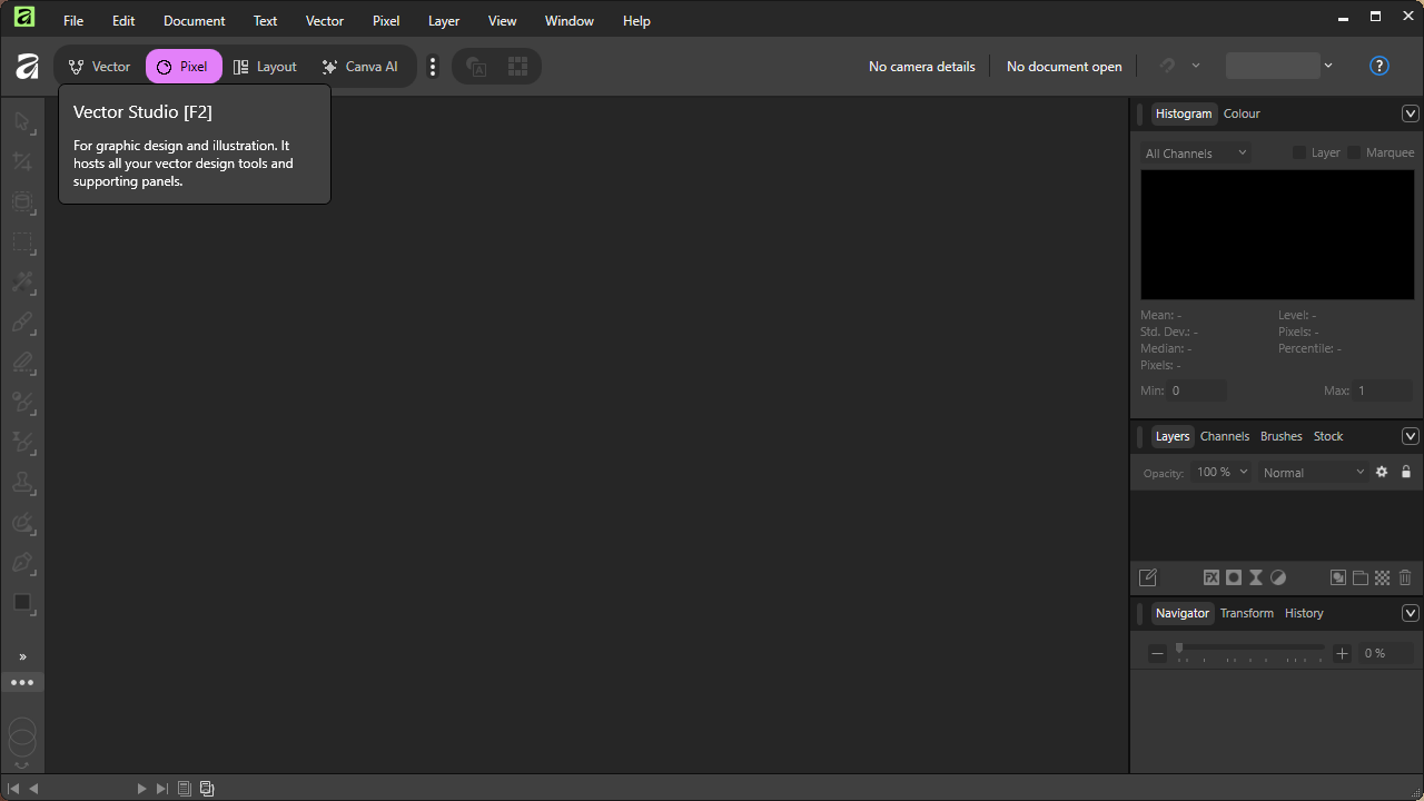 The Vector Studio tab description in Affinity.