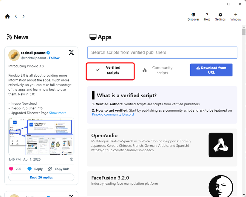 The verified scripts tab active in Pinokio. 