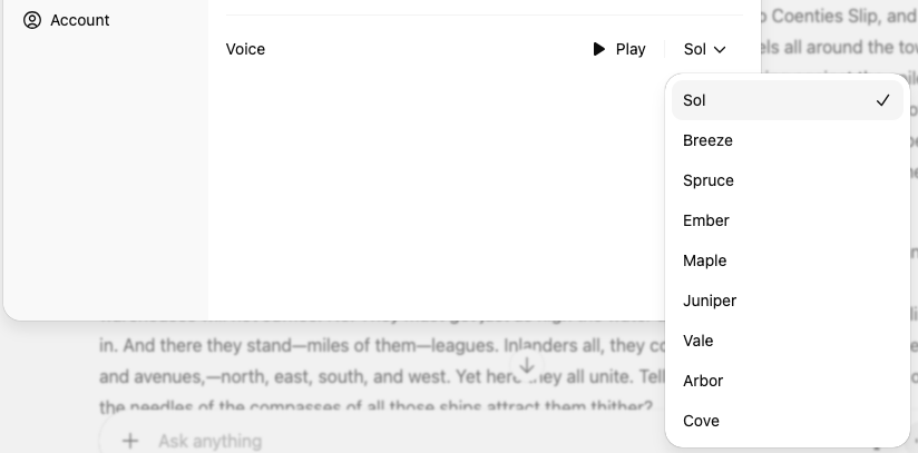 The voice options in ChatGPT in a browser.