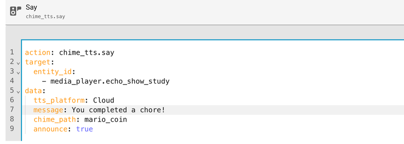 The YAML for a Chime TTS action in Home Assistant.
