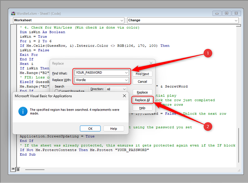 The YOUR_PASSWORD string in a VBA code in Excel replaced with the word 'Wordle' in the Replace dialog.
