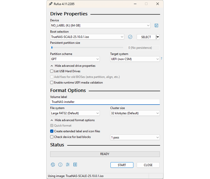 Creating a bootable TrueNAS USB drive using Rufus. 