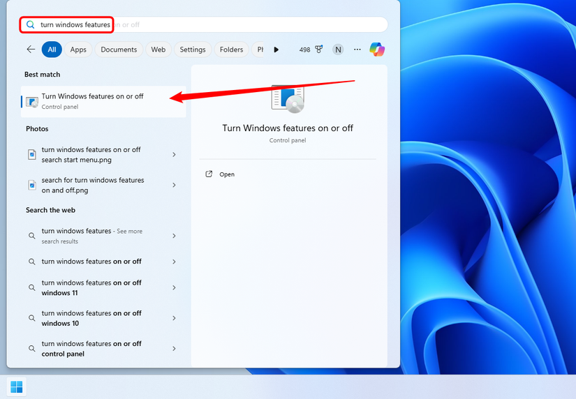 Search for and then click "Turn windows features on or off."