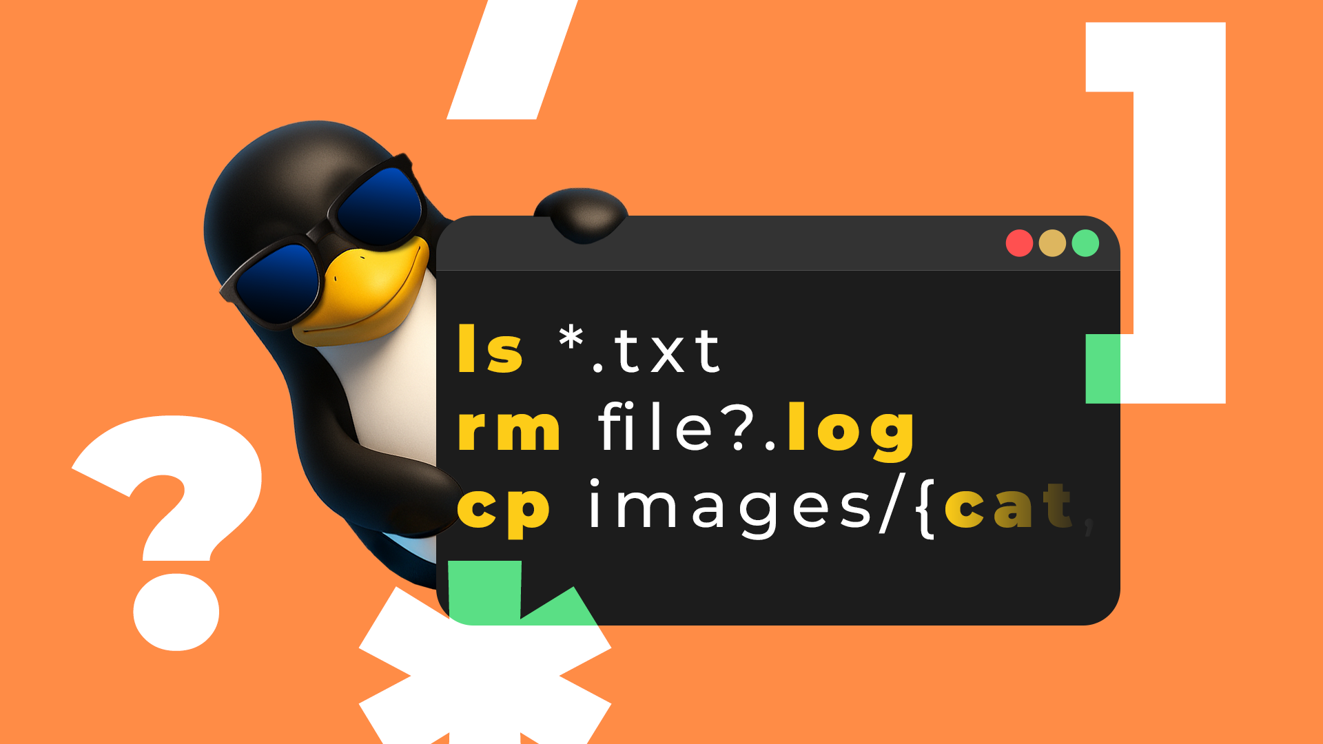 Tux, the Linux mascot, wearing sunglasses and peeking from behind a large terminal window displaying globbing commands.