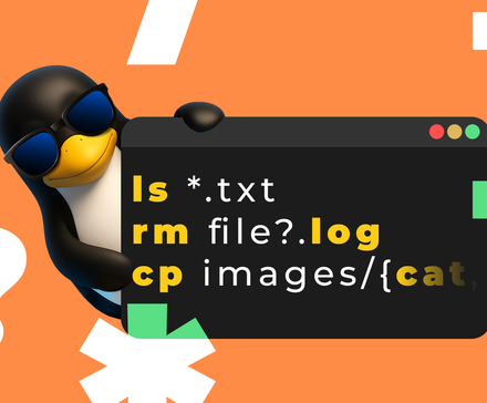 Tux, the Linux mascot, wearing sunglasses and peeking from behind a large terminal window displaying globbing commands.