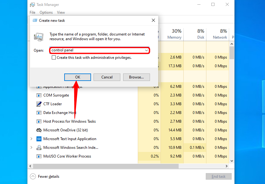 Digite painel de controle no novo campo de tarefas e clique em OK.