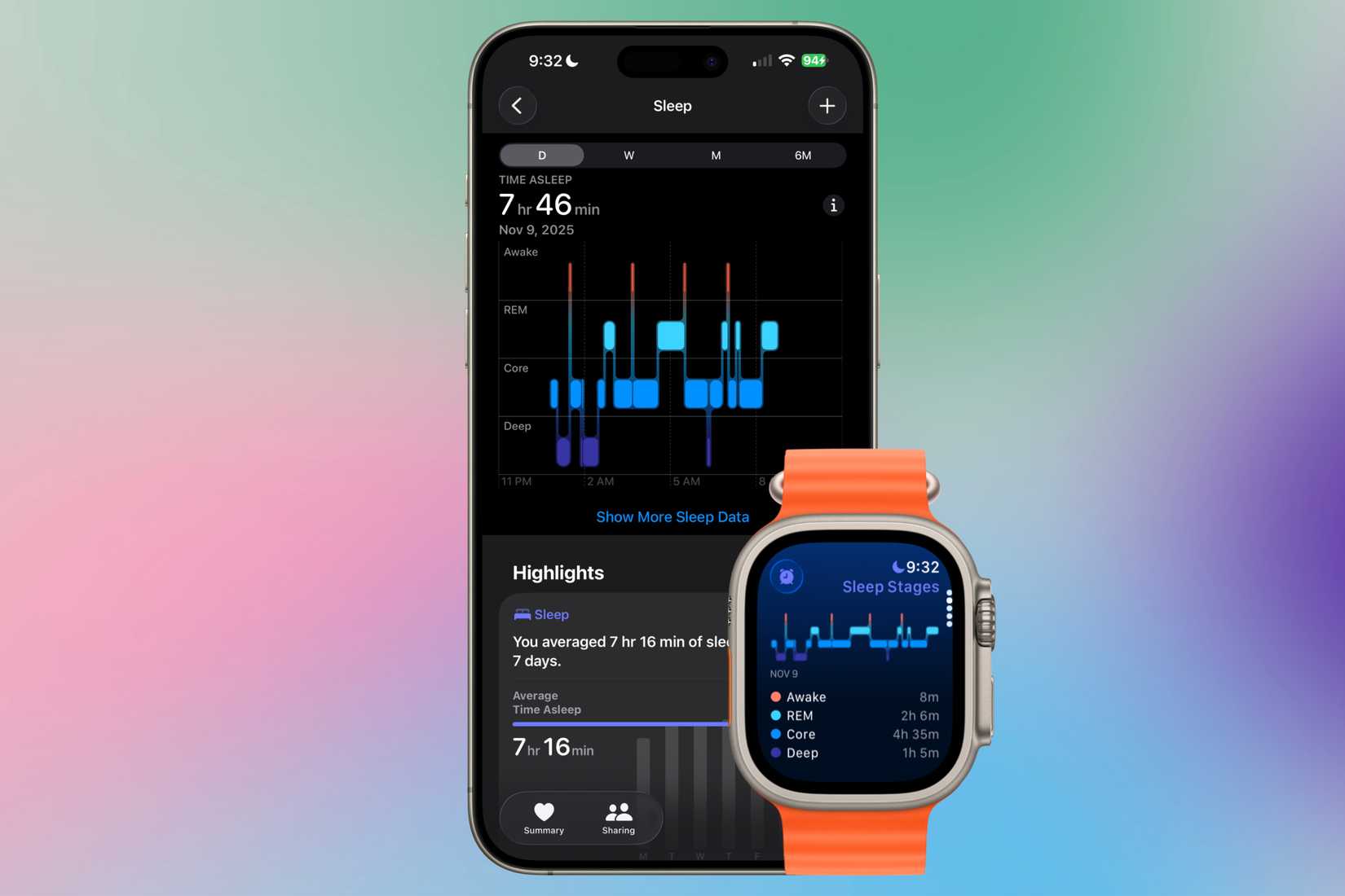Sleep stages shown on an iPhone and Apple Watch.