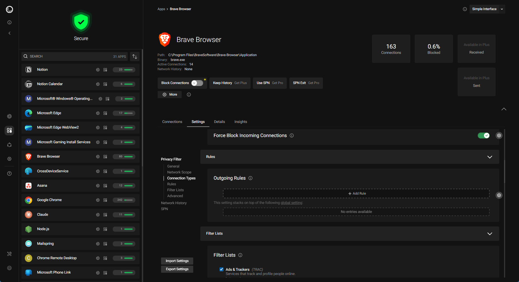 Using portmaster to set network rules for Brave Browser.