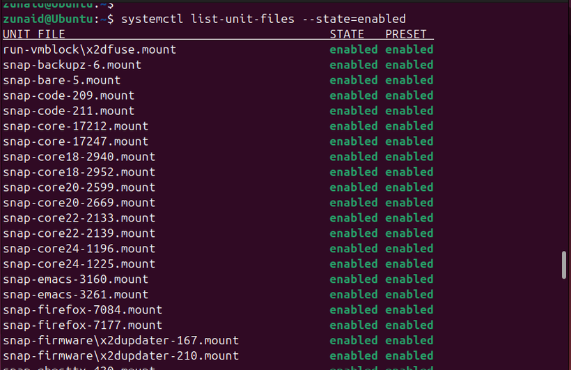 Usando systemctl para listar serviços Linux habilitados.