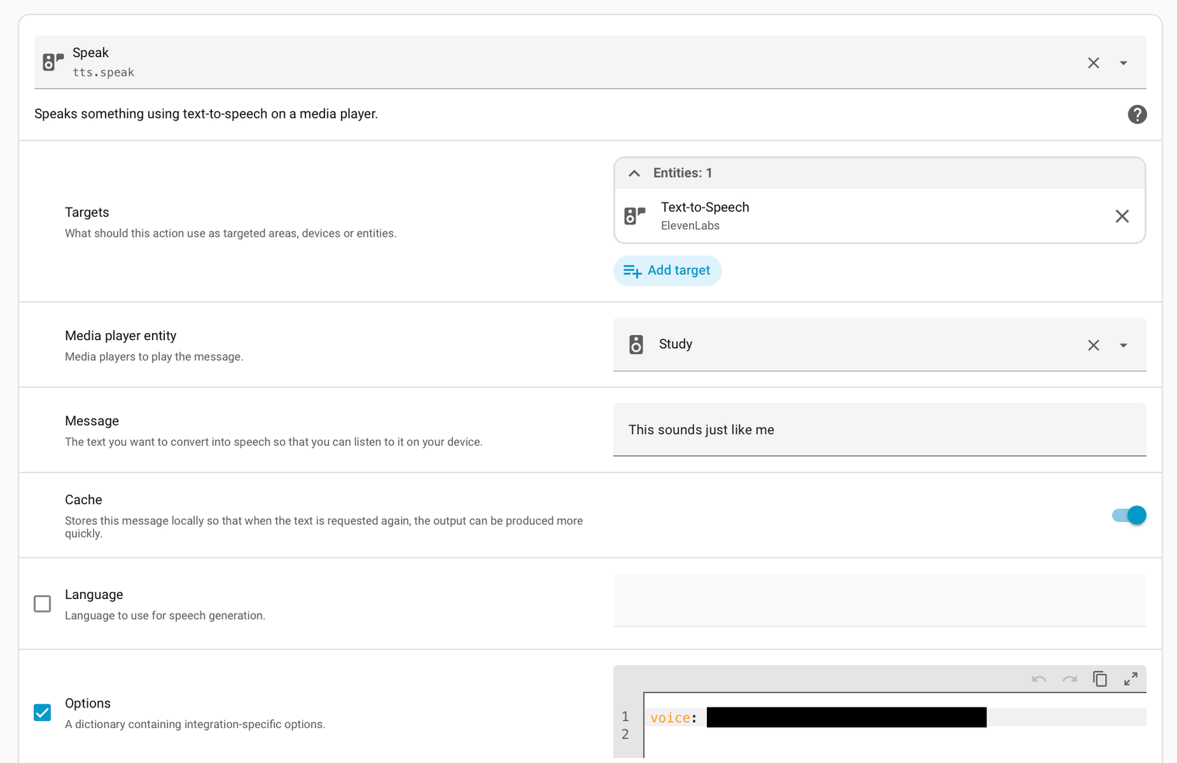 Using the tts.speak action in Home Assistant to speak in an ElevenLabs voice via a HomePod mini using the appropriate voice ID.