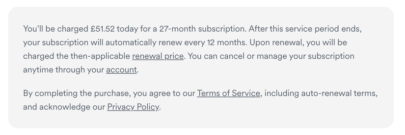 Aviso em letras pequenas da VPN sobre preços de renovação.