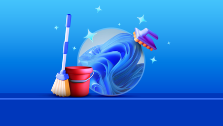 Windows 11 being cleaned, with a mop, bucket, and scrubbing brush.