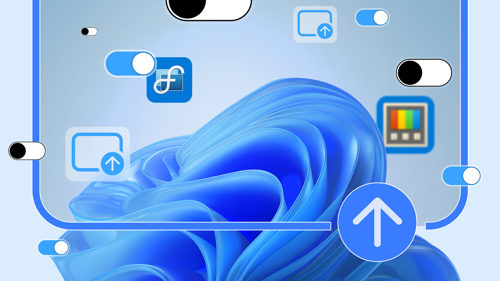 Windows 11 interface featuring the DisplayFusion and PowerToys icons surrounded by various toggle switches.