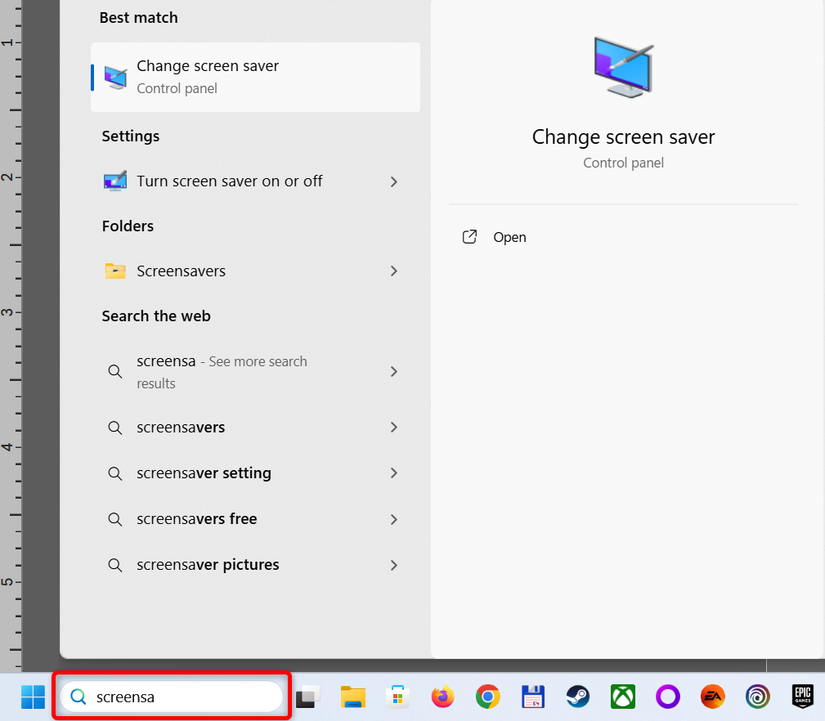 Opening the Windows 11 screensaver tool via the search bar. 