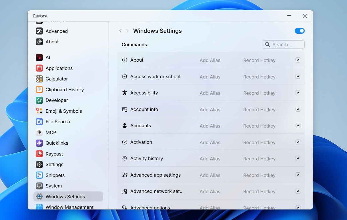Windows Settings option in Raycast.