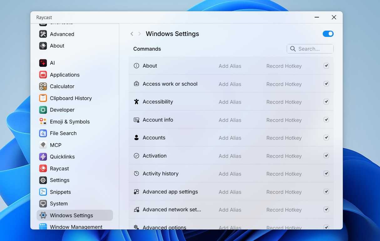 Windows Settings option in Raycast.