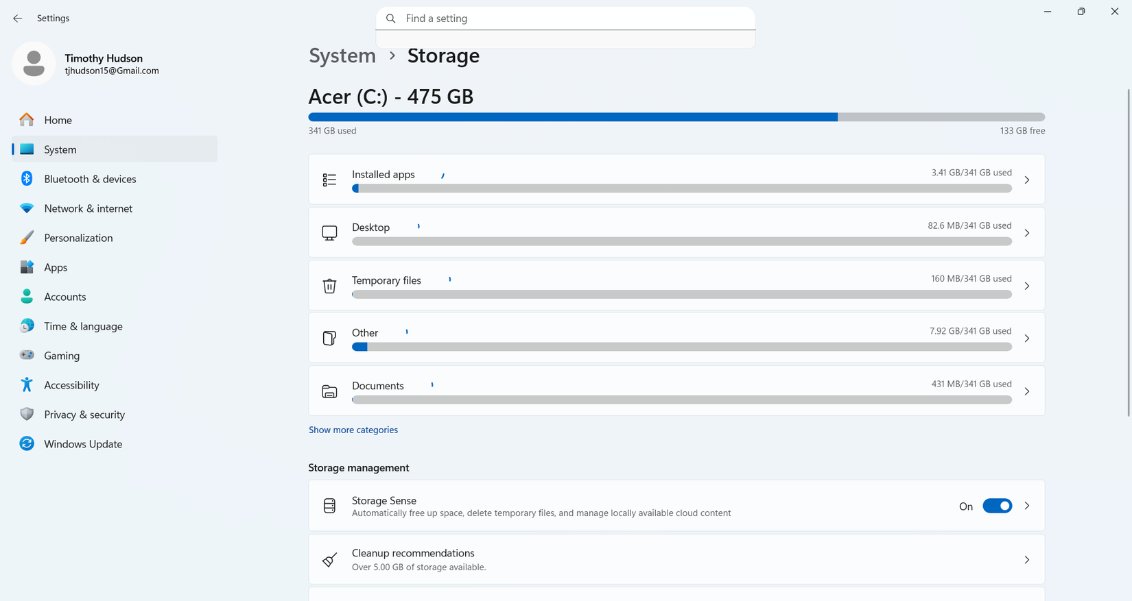 Uma captura de tela do armazenamento do Windows no Windows 11.