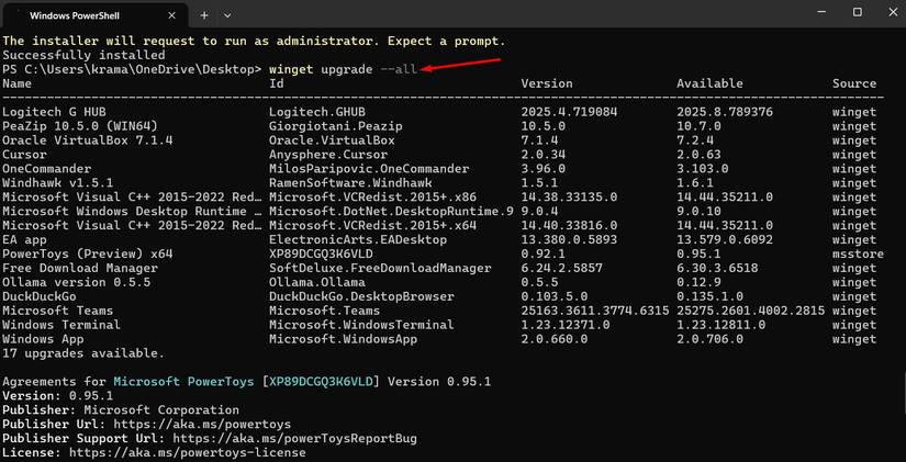 Comando winget para atualizar todos os aplicativos de uma vez.
