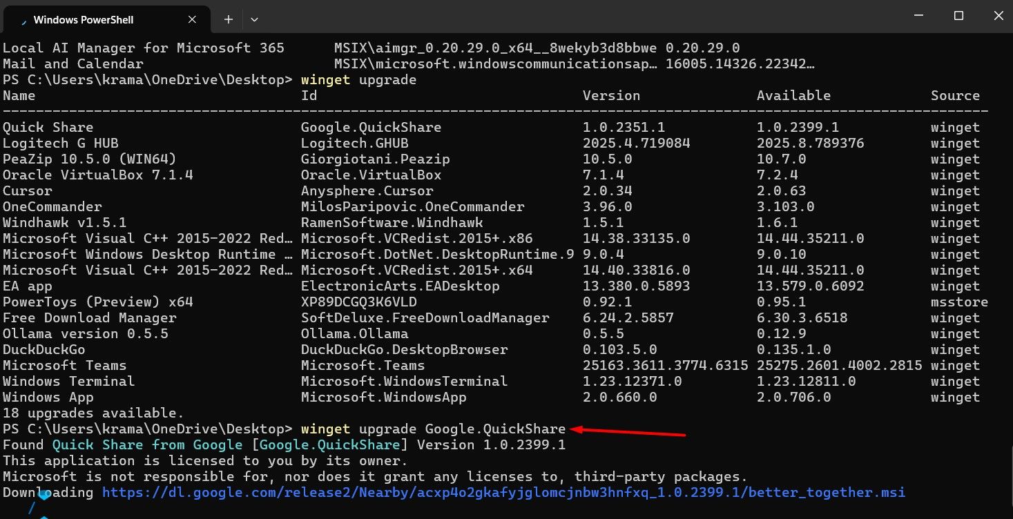 winget command to update Quickshare.