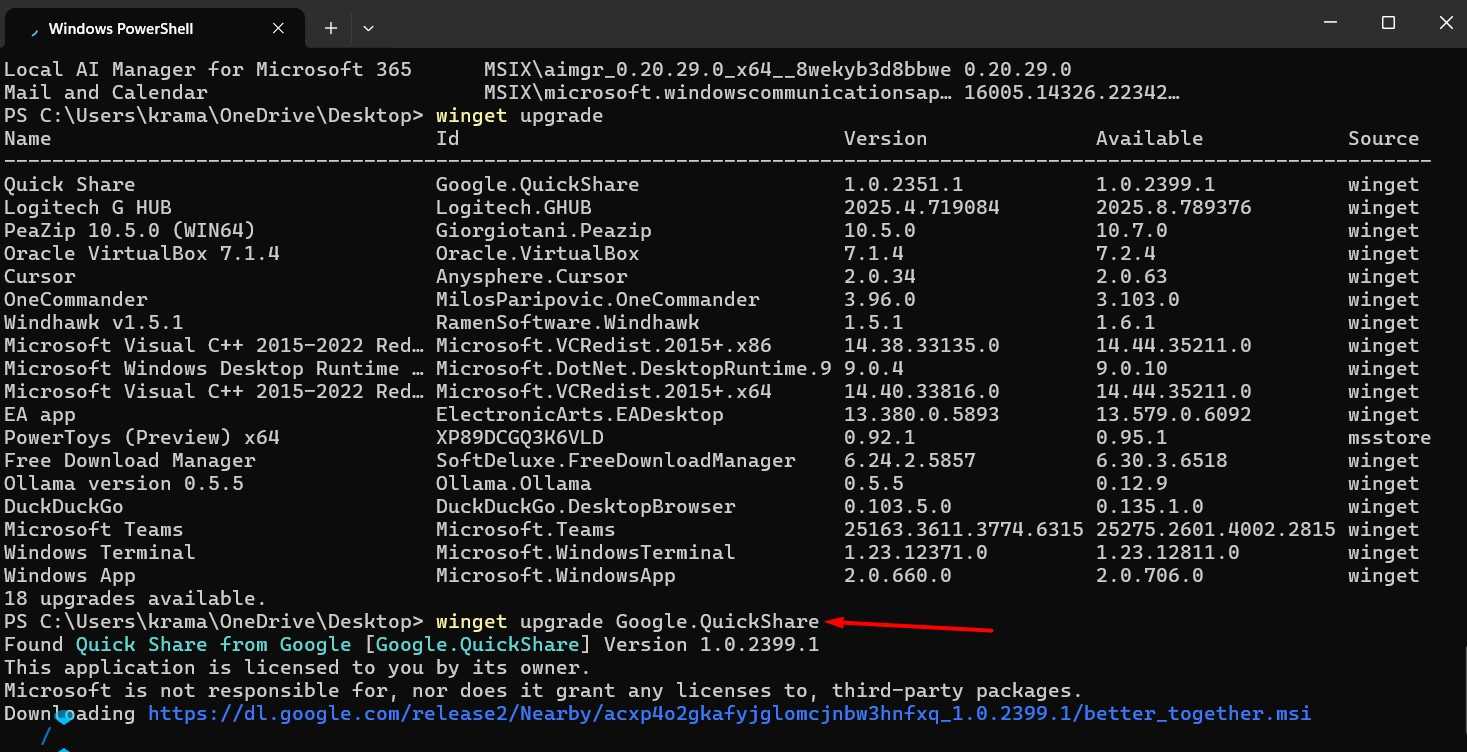 winget command to update Quickshare.